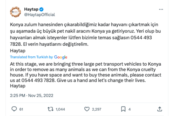 Haytap's tweet providing viewers with an update on their animal rescue mission