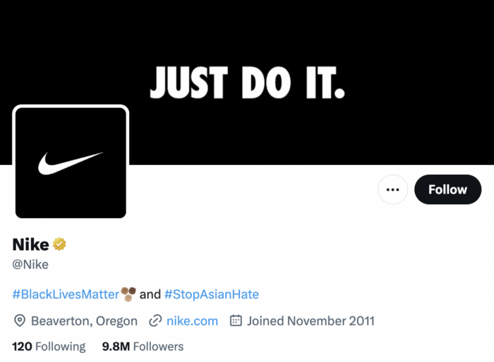 Nike includes Twitter hashtags in its bio. The hashtags are Black Lives Matter and Stop Asian Hate.