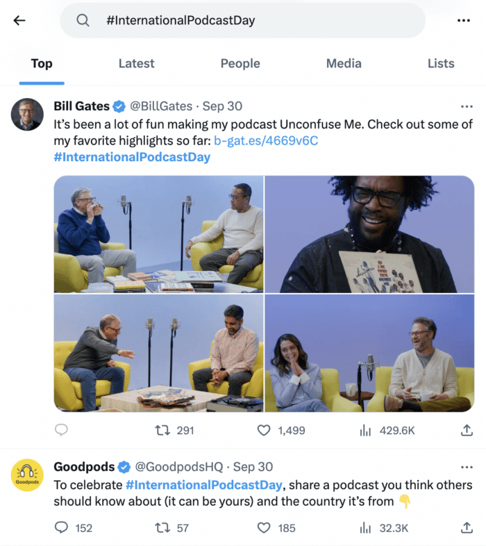 The Twitter search results for the hashtag International Podcast Day.