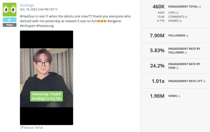 Duolingo's winning TikTok marketing strategy includes jumping on the K-pop bandwagon just like how they did with the popular group Enhypen.