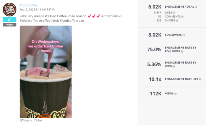 Philz Coffee's TikTok video thumbnail showing a pink syrup being added to a cup of coffee definitely will pique the viewers attention.