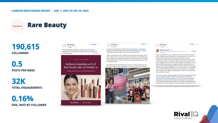 A case study on Rare Beauty featuring top posts and significant LinkedIn metrics