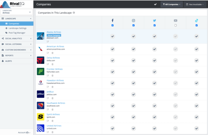 The Companies panel in Rival IQ includes all the brands added to fill the social media reporting template.