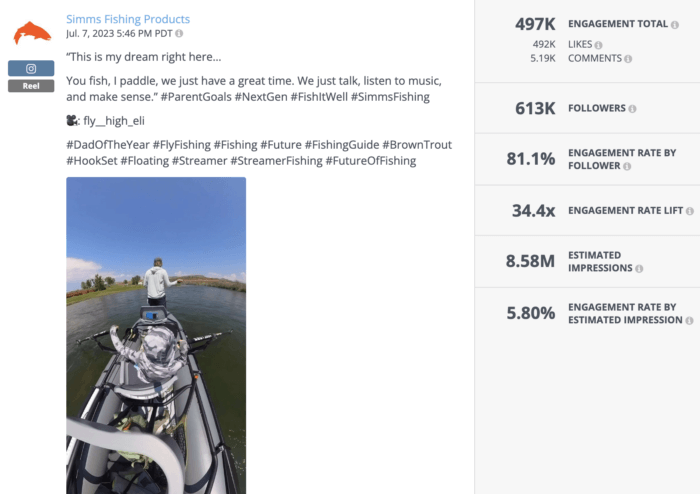 Instagram Reel from Simms featuring a father/son fishing excursion is an example of strong outdoor brand social media