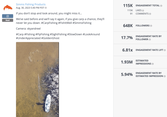 Instagram Reel from Simms featuring an aerial view of carp fishing is an example of strong outdoor brand social media