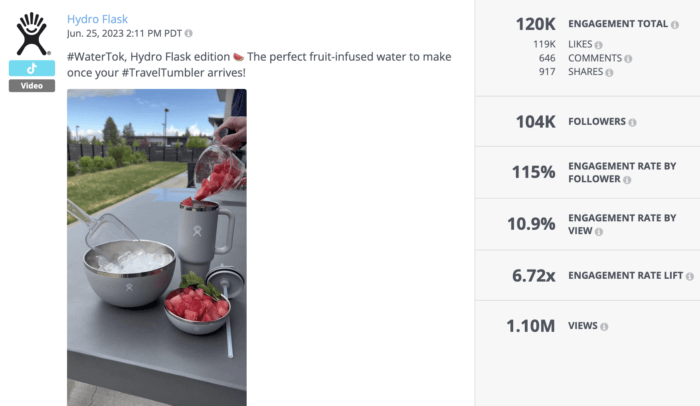 Watermelon infused water recipe TIkTok from Hydro Flask is an example of strong outdoor brand social media