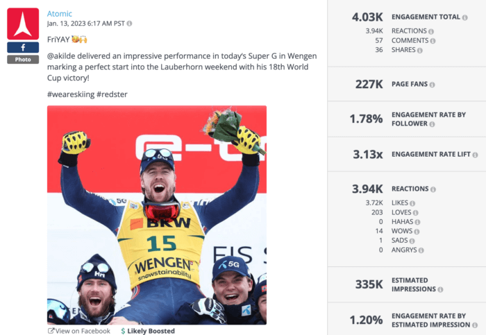 Super G victory Facebook post from Atomic is an example of strong outdoor brand social media