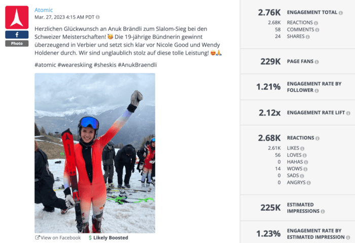 German language Facebook post from Atomic featuring a skiing victory is an example of strong outdoor brand social media