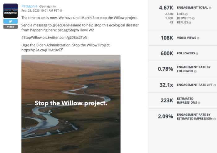 Twitter video from Patagonia encouraging action against the Willow Project