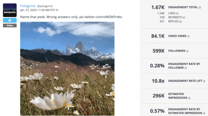 Twitter video from Patagonia encouraging people to name a picturesque peak 