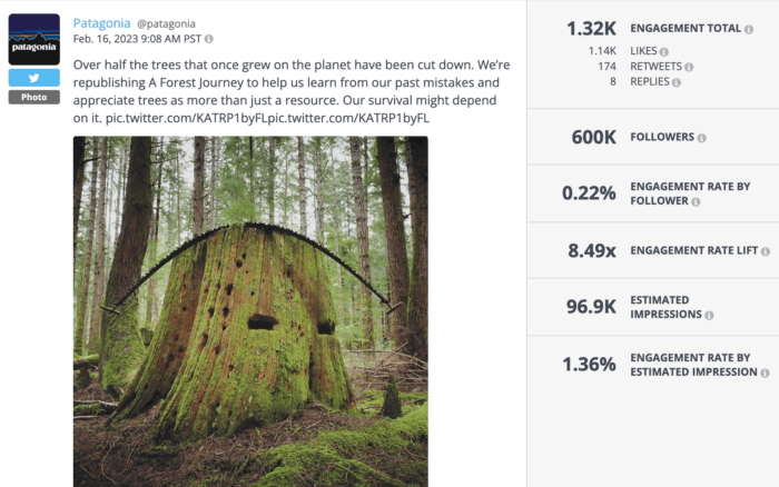 Twitter photo of a tree stump with a saw lain over it is an example of strong outdoor brand social media