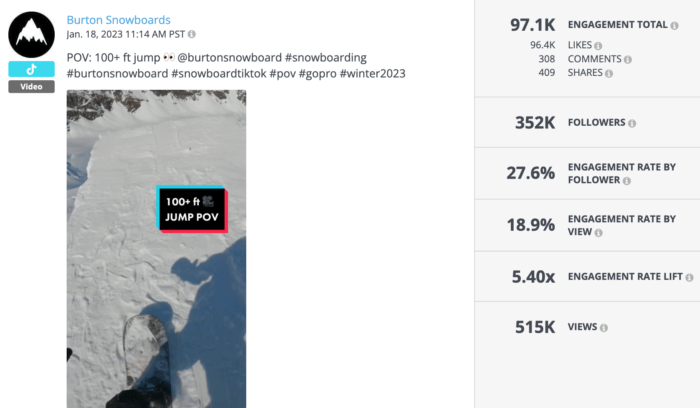 POV TikTok of a Burton snowboarder doing an epic jump is an example of top outdoor brand social media 