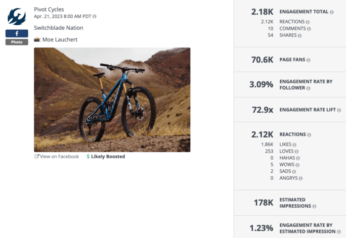 Glamour shot of a Pivot Cycles bike in the mountains is an example of top outdoor brand social media 