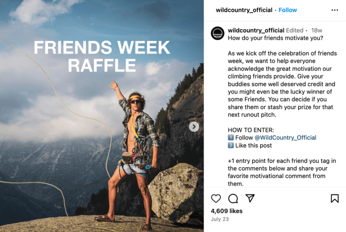 Giveaway carousel post from Wild Country is an example of standout outdoor brand social media