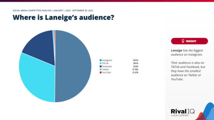 A slide from our social media competitive analysis template that shows a pie chart representing Laneige's audience distribution across social channels.