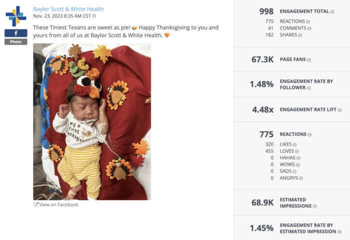 A Facebook post by Baylor Scott & White Health features an image of a sleeping newborn surrounded by Thanksgiving decor, with the caption wishing everyone a Happy Thanksgiving.