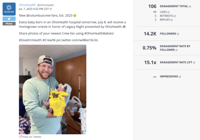 A tweet by OhioHealth explains how "every baby born in an OhioHealth hospital tomorrow, July 8" will receive a Homegrown onesie" and features an image of a man holding a newborn baby with a bright yellow Columbus Crew branded onesie draped on them.