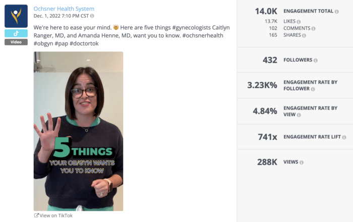 A screenshot of a TikTok by Ochsner Health System, one of the top healthcare brands on social media, which features a gynecologist in the middle of introducing "5 things your OB/GYN wants you to know."