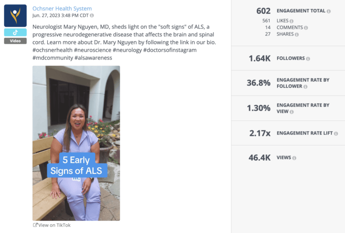 A screenshot of a TikTok by Ochsner Health System, as shown in the Rival IQ platform, featuring a neurologist sitting on a bench and talking the 5 early signs of ALS.