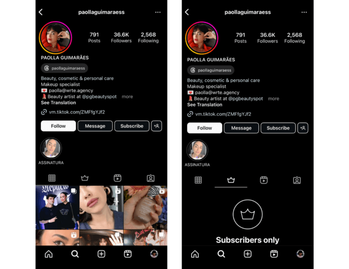 Two screenshots of Paolla's Instagram profile, with one showing her main feed and the other showing that there is a Subscribers only tab.