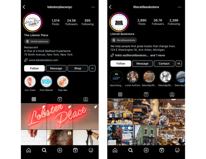 Two screenshots, one of Lobster Place's Instagram profile and one of Literati Bookstore's Instagram profile, which show how a Business Instagram account can add their address to their profile