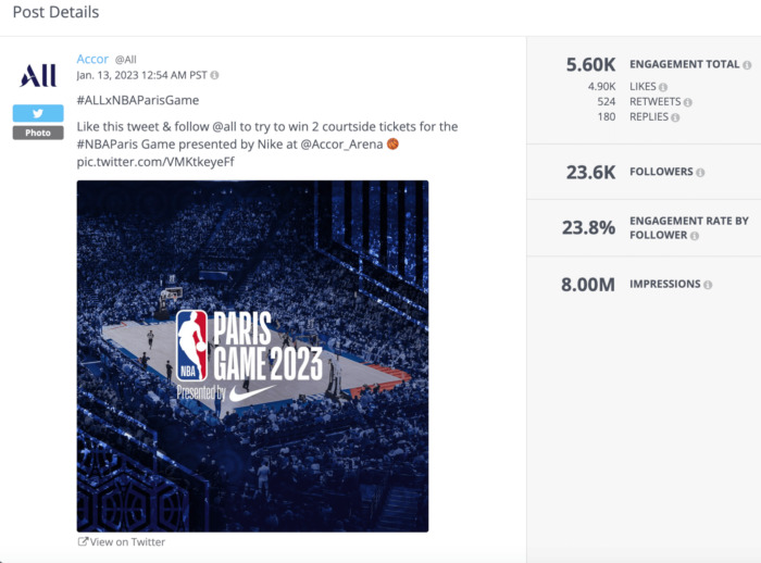 Accor's giveaway tweet with a photo of a packed basketball court overlayed with the test that says NBA Paris Game.