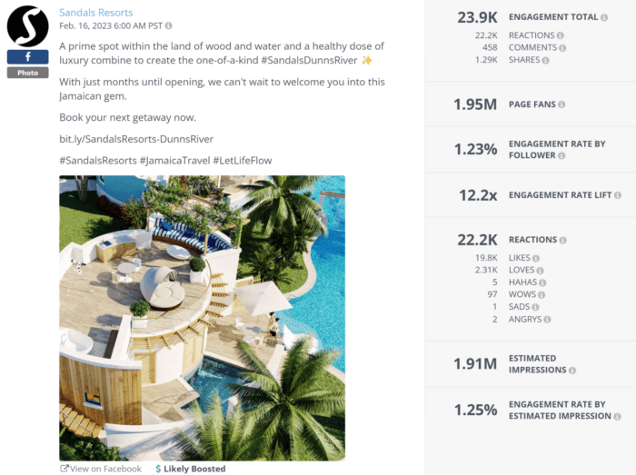 Sandals Resorts's Facebook post identified in Rival IQ as Likely Boosted in the Social Post analysis section.