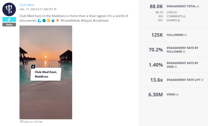 Club Med's TikTok video thumbnail contains the title Club Med Kani, Maldives against a breathtaking shot of the sun rising over the ocean with over-water bungalows in the foregraound.