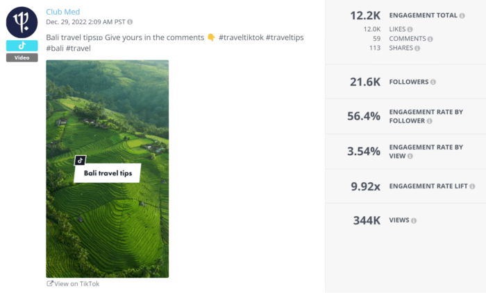 Hotel brand Club Med's TikTok video sharing Bali travel tips has a video thumbnail of an aerial shot of lush greenery and gathered over 340K views and 12K likes.