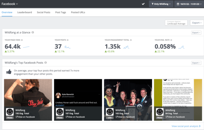 Top fashion brand Wildfang's Facebook Overview panel in Rival IQ contains an At a Glance section and the Top landscape posts to instantly visualize your key metrics.