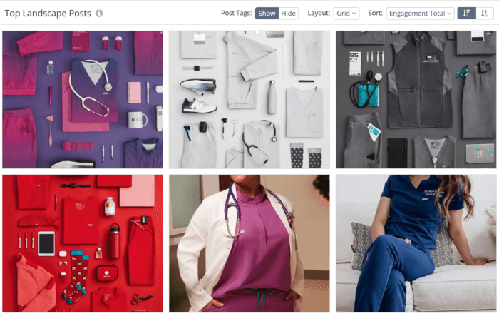 FIGS top posts Grid view as seen in Rival IQ consists of a collection of the brand's not-so-boring scrubs collections.