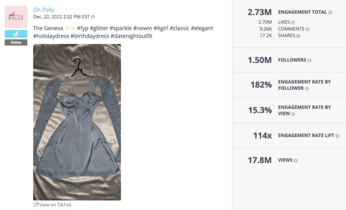 Oh Polly's TikTok video thumbnail shows a chic blue dress on the hanger. The caption accompanying this video calls this collection The Geneva and has received more than 2.7 million likes.