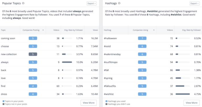 Popular topics panel and Hashtags panel in Rival IQ