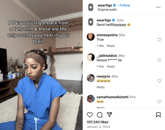 Top fashion brand on Instagram FIGS' Reel featuring a thumbnail shows a medical professional sitting in scrubs at her house but still hearing hospital equipment beeps and alarms 