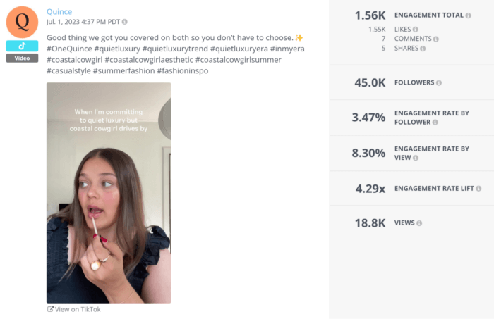 Quice's costal cowgirl summer video got more than 18K views and over 1.5K likes as seen in Rival IQ's social Posts analytics panel.