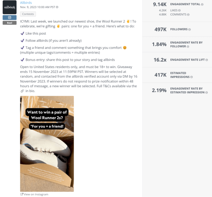 Allbirds' Instagram reel spells out the rules of the giveaway along with a video thumbnail that has a picture of the the shoes up for grabs.