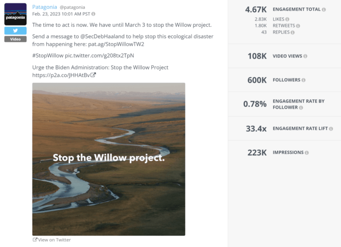 Patagonia's video on Twitter received over 4.6K in total engagement as seen in rival IQ's social post analysis panel.