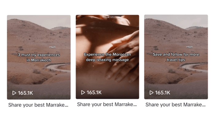 Three side-by-side screenshots of scenes from a TikTok by Club Med, with the first featuring the caption "3 must try experiences in Marrakech," the second "Experience the Moroccan deep relaxing massage," and the third "Save and follow for more travel tips."