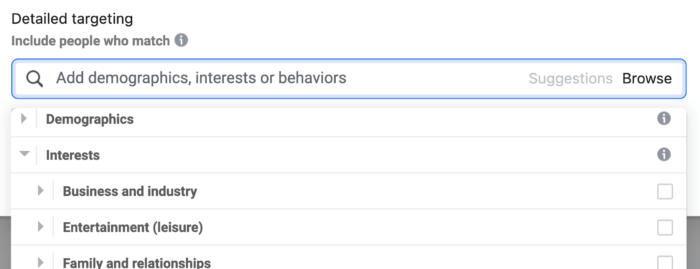 Facebook ads' detailed targeting options, which includes a drop down where you can add demographics, interests, and behaviors