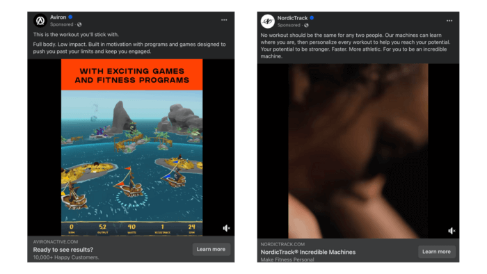 Two screenshots of Facebook ads side-by-side: one by Aviron and one by NordicTrack. The ad by Aviron features a video that showcases the games and fitness programs it has. The ad by NordicTrack features a person exercising intensely.