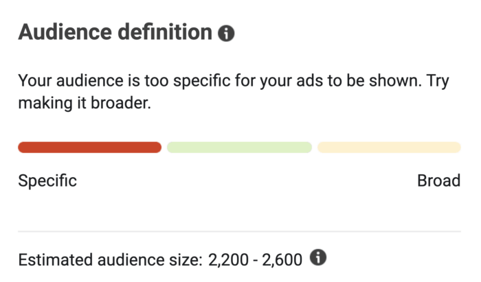 A screenshot of Facebook ads "audience definition" report, which shows whether your ads audience is too specific or too broad, as well as your estimated audience size