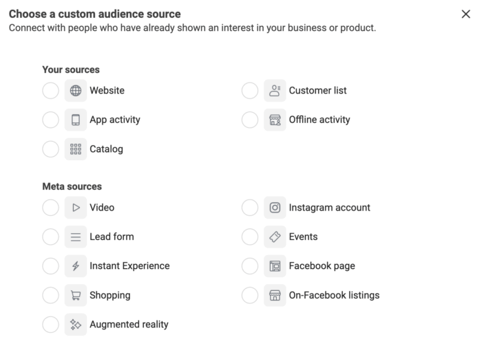 Facebook ads window that prompts you to choose a custom audience source