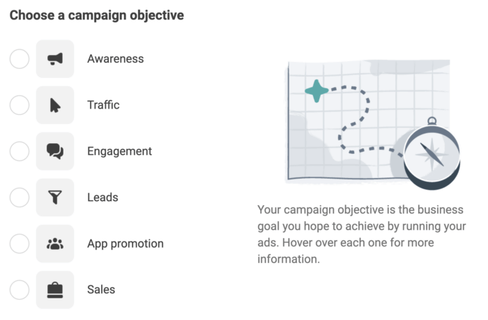 Facebook Ads pop-up prompting users to choose a campaign objective: awareness, traffic, engagement, leads, app promotion, sales