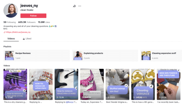 A screenshot of the TikTok profile of @jeeves_ny, which features videos such as "How to remove a: RED WINE STAIN", exemplifying how educational and searchable content is a major TikTok trend lately.