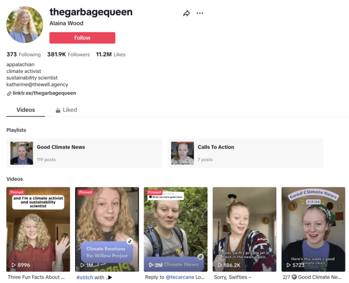 A screenshot of @thegarbagequeen's TikTok profile, which features a playlist of 119 TikToks that are part of her Good Climate News series.