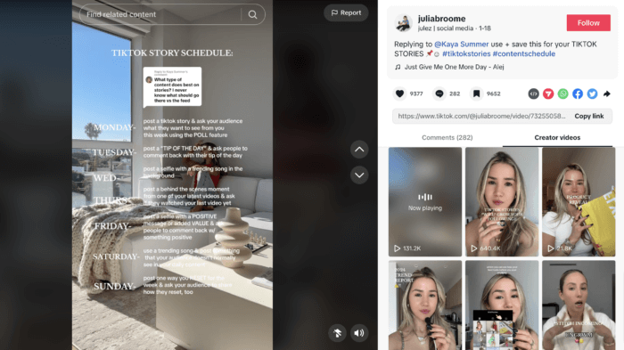 A TikTok of a proposed TikTok Story schedule by @juliabroome, a TikTok creator who has seen results from embracing this top TikTok trend of TikTok Stories.
