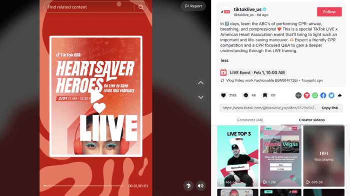 A TikTok promoting a special TikTok LIVE x American Heart Association event called Heartsaver Heroes, in which viewers were taught the ABC's of performing CPR.