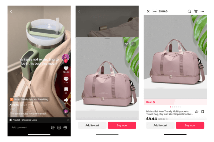 Screenshots showing how TikToks can now include a Shop button in the bottom left corner. When pressed, the product listing of the item featured in the TikTok pops up and gives viewers the option to buy, with the TikTok video still playing in the background.