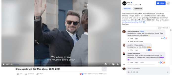 Top luxury brand on social media Dior's Facebook post includes a video with a thumbnail featuring David Beckham and name drops several BTS members in the caption.