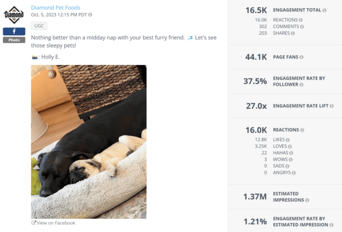 Facebook posts like this one from Diamond Pet Foods asking their followers to post pictures of their sleepy pets is a good tactic to increase Facebook engagement. Cuddly puppy pictures don't hurt either!